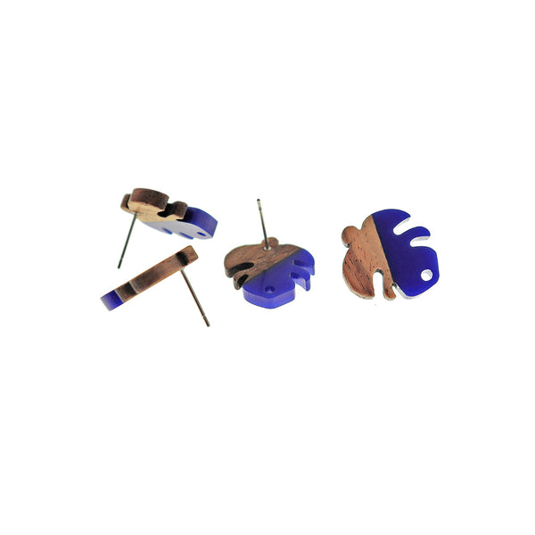 Wood Stainless Steel Earrings - Blue Resin Leaf Studs - 19.5mm x 17mm - 2 Pieces 1 Pair - ER763