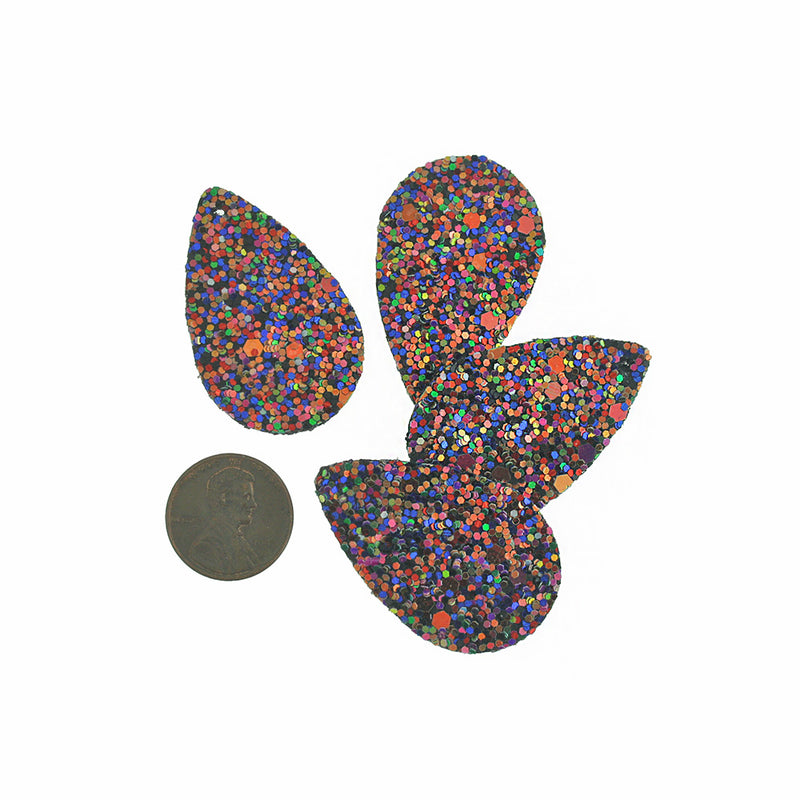 Imitation Leather Teardrop Pendants - Rainbow Sequin Glitter - 4 Pieces - LP269