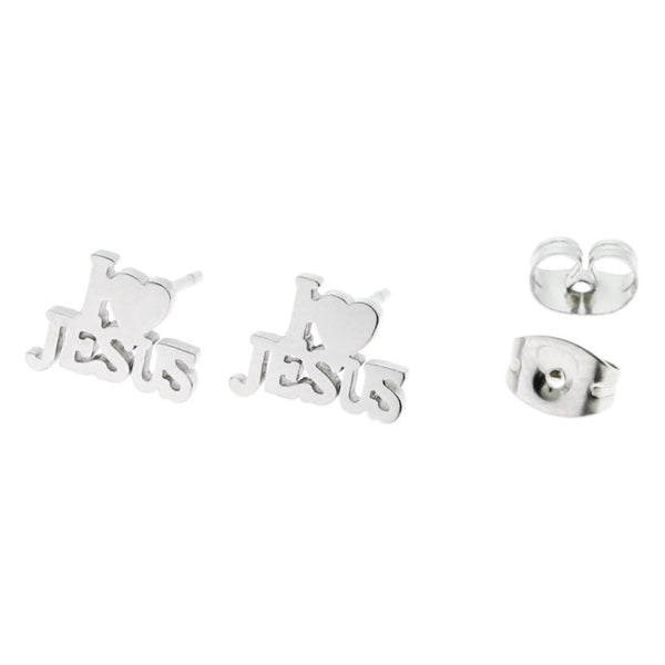 Stainless Steel Earrings - I Love Jesus Studs - 10mm x 7mm - 2 Pieces 1 Pair - ER028