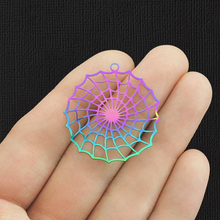 4 Spider Web Rainbow Electroplated Stainless Steel Charms 2 Sided - SSP277