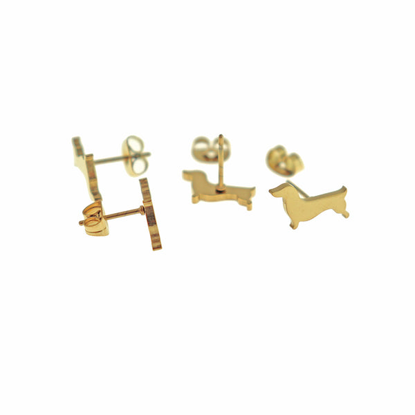 Gold Tone Stainless Steel Earrings - Dachshund Studs - 12mm x 7mm - 2 Pieces 1 Pair - ER957