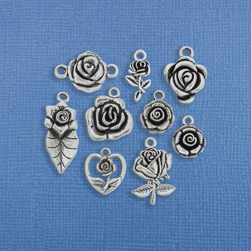 Rose Charm Collection Antique Silver Tone 9 Different Charms - COL220