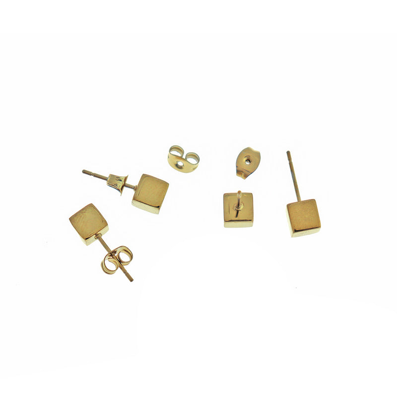 Gold Stainless Steel Earrings - Square Cube Studs - 6mm - 2 Pieces 1 Pair - ER518