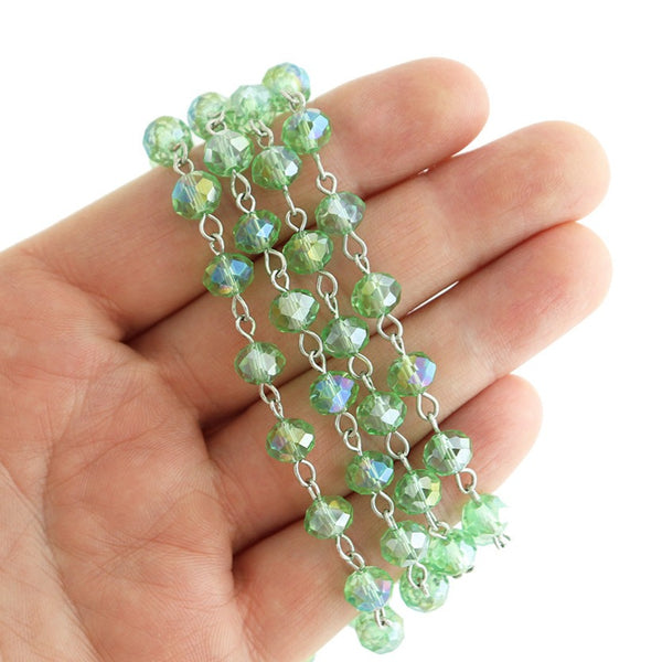 BULK Beaded Rosary Chain - 8mm Rondelle Green Glass & Silver Tone - 3.3ft or 1m - RC041