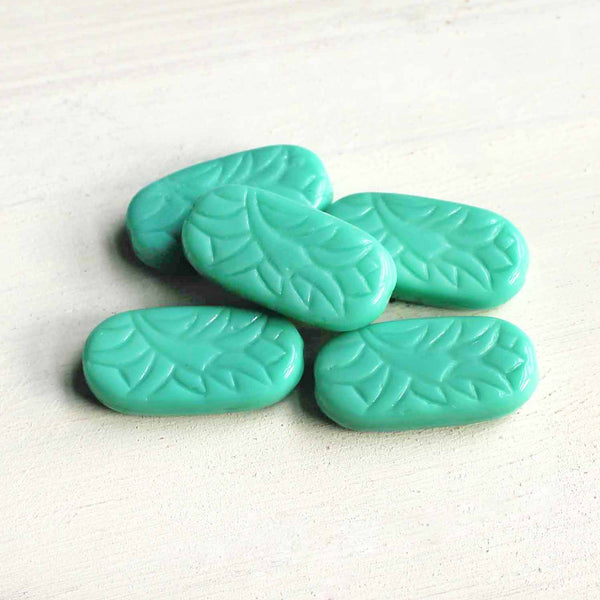 Perles en verre pressé tchèque Rectangle floral 25 mm x 12 mm - Turquoise polie - 5 perles - CB188