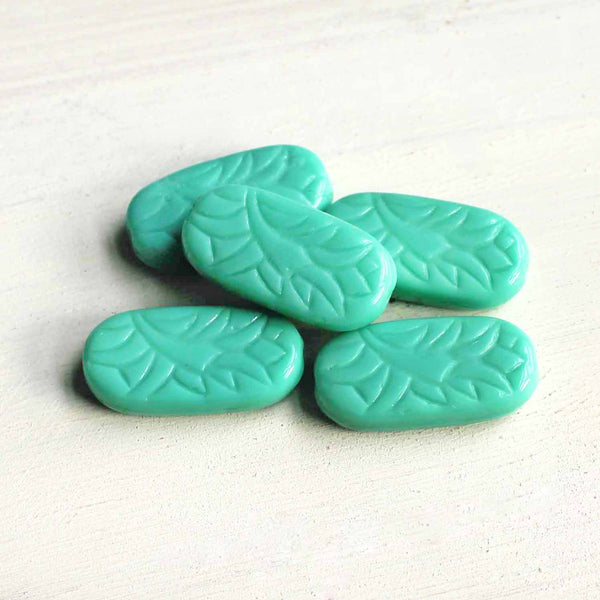 Floral Rectangle Czech Pressed Glass Beads 25mm x 12mm - Polished Turquoise - 5 Beads - CB188