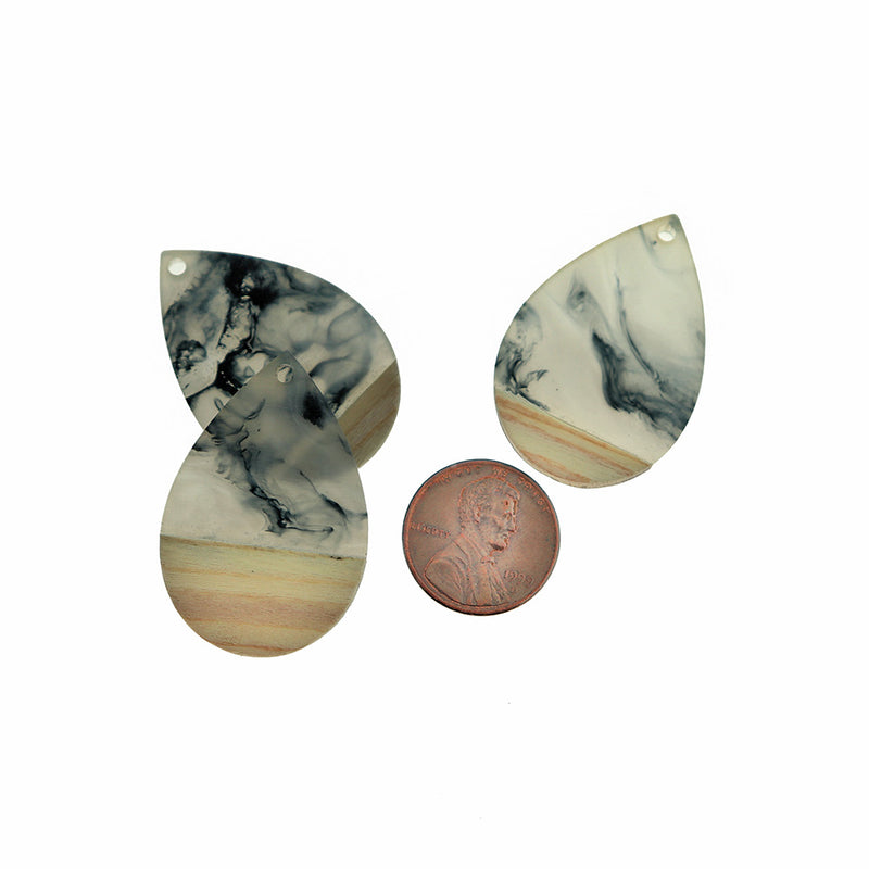 2 Teardrop Natural Wood and Grey Swirled Resin Charms 36mm - WP555
