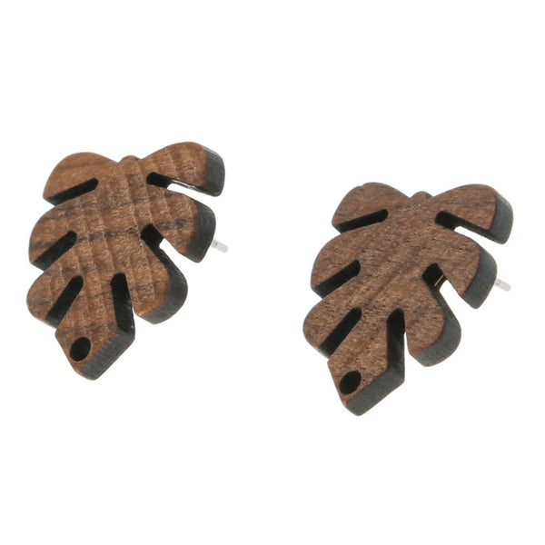 Wood Stainless Steel Earrings - Tropical Leaf Studs - 20mm x 18mm - 2 Pieces 1 Pair - ER123