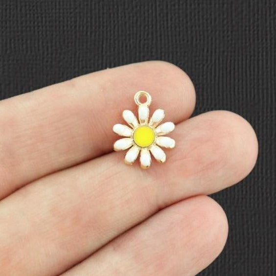 6 Daisy Flower Gold Tone Enamel Charms - E974