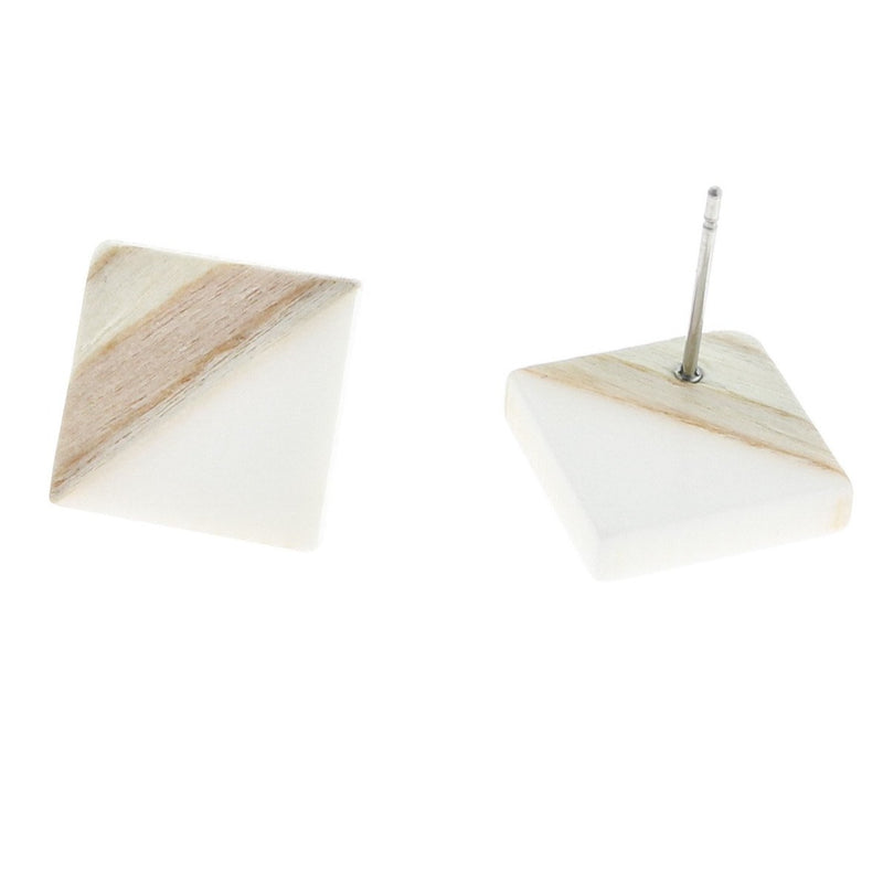 Wood Stainless Steel Earrings - White Resin Rhombus Studs - 18mm x 17mm - 2 Pieces 1 Pair - ER158