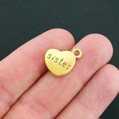 6 Sister Heart Antique Gold Tone Charms 2 Sided - GC486