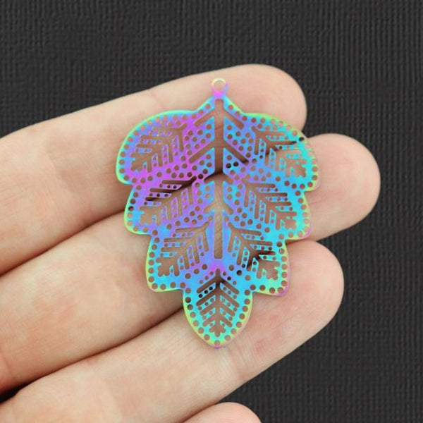 2 Filigree Leaf Rainbow Electroplated Stainless Steel Charms 2 Sided - SSP236