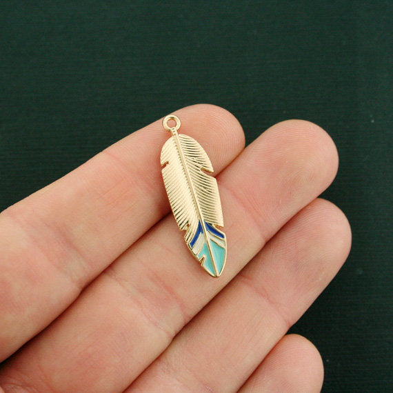 2 Feather Gold Tone Enamel Charms - E609