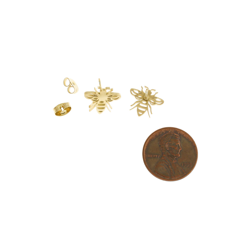 Gold Stainless Steel Earrings - Bee Studs - 13mm x 12mm - 2 Pieces 1 Pair - ER014