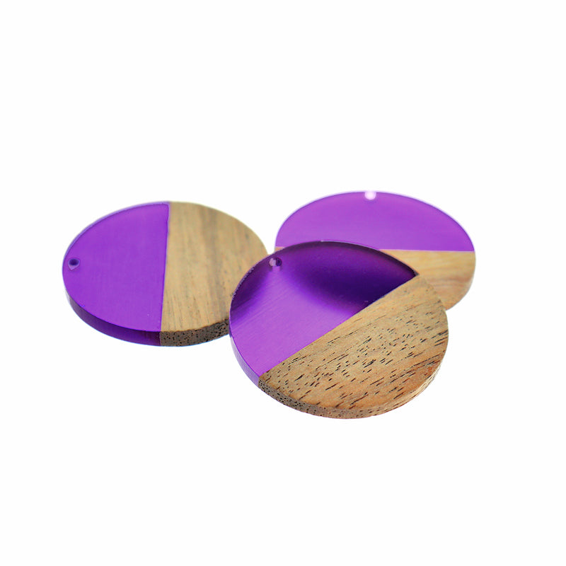 Round Natural Wood and Vibrant Purple Resin Charm 38mm - WP074