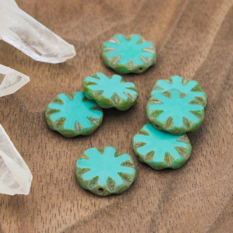 Starburst Coin Czech Pressed Glass Beads 14mm - Picasso Turquoise - 4 Beads - CB258