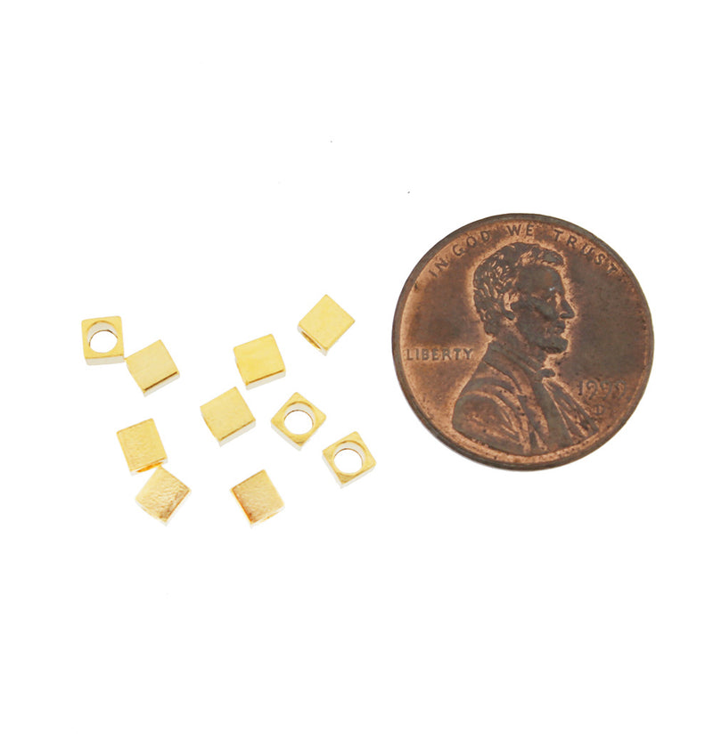 Cube Stainless Steel Spacer Beads 3mm x 3mm - Gold Tone - 4 Beads - FD786