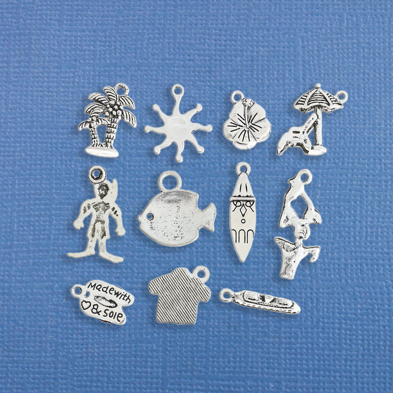 Tropical Vacation Charm Collection Antique Silver Tone 11 Different Charms - COL208