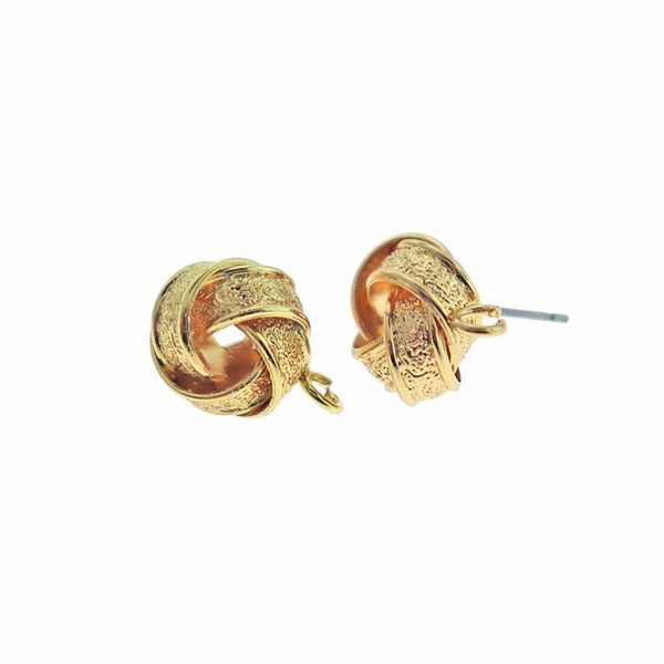 Gold Tone Knot Earrings - Stud With Loop - 15.5mm - 2 Pieces 1 Pair - Z307