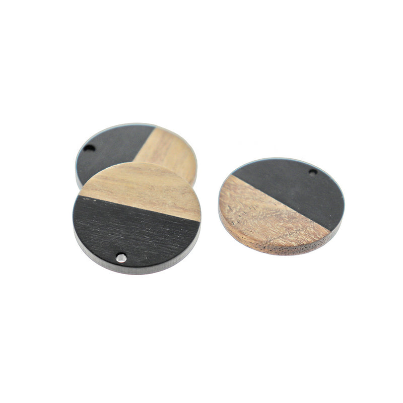 2 Round Natural Wood and Black Resin Charms 28mm - WP066