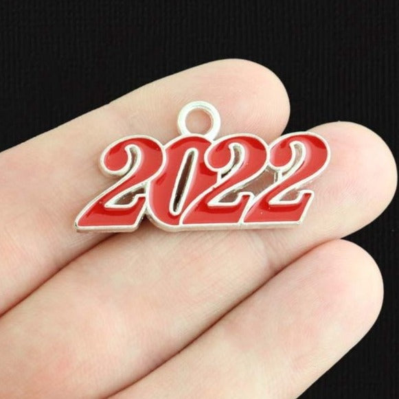 SALE 2 Red Year 2022 Silver Tone Enamel Charms - E1490
