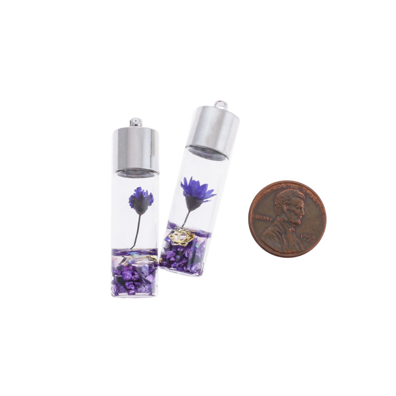 2 pendentifs bouteille de souhaits en verre floral violet 3D - Z757