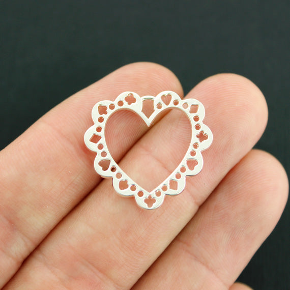 4 Lace Heart Silver Tone Charms 2 Sided - SC7831