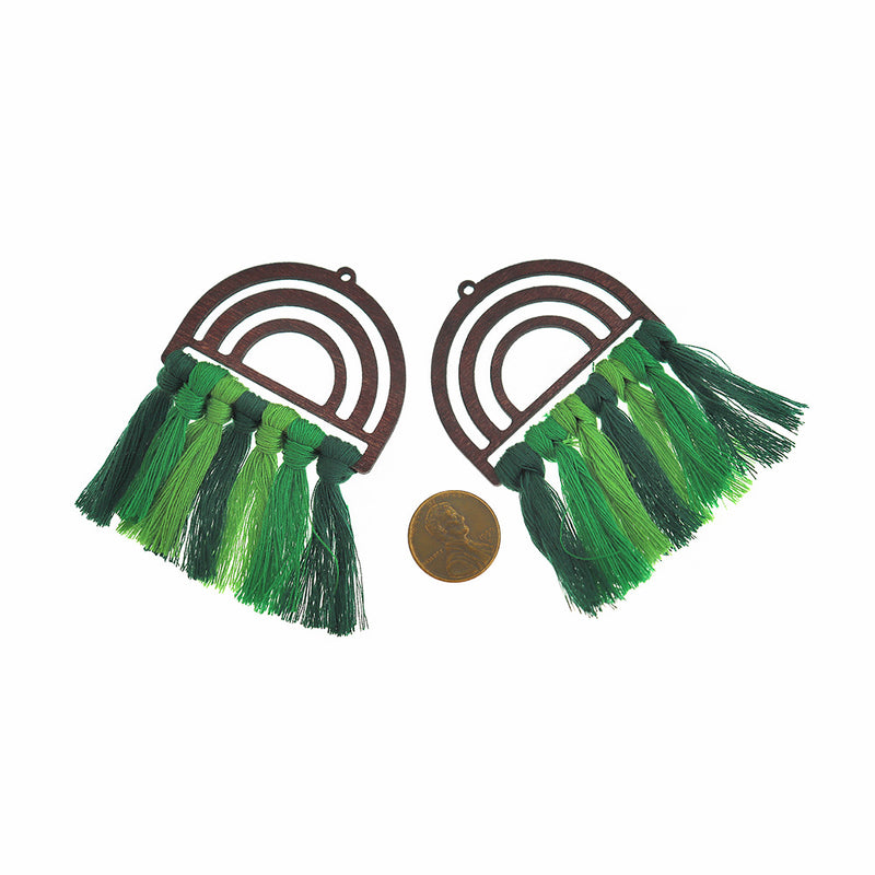 Polycotton Fan Tassels - Natural Wood and Shades of Green - 2 Pieces - TSP318