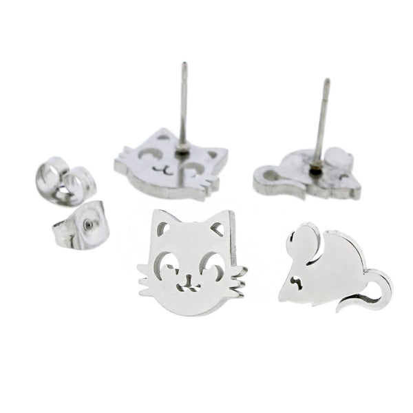 Stainless Steel Earrings - Cat and Mouse Studs - 11mm x 9mm - 2 Pieces 1 Pair - ER609