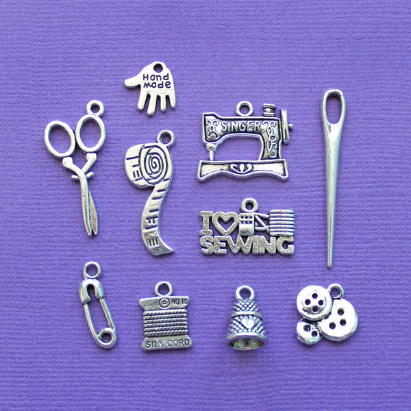 Sewing Charm Collection Antique Silver Tone 10 Different Charms - COL002