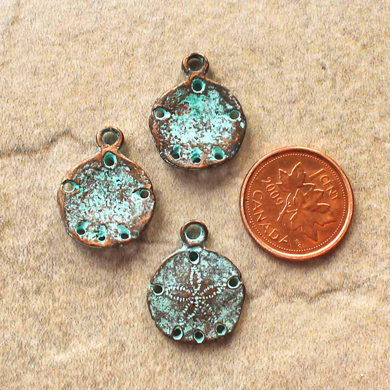 2 Sand Dollar Antique Copper Tone Mykonos Charms with Green Patina - BC1564