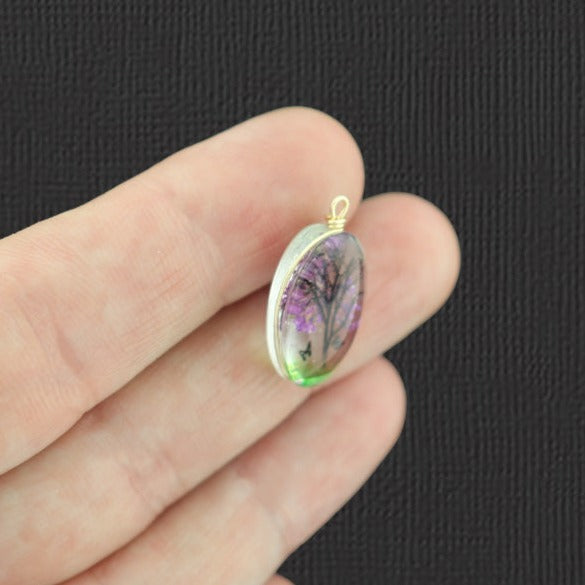 2 Purple Tree of Life Pressed Flower Glass Pendants - Z1444