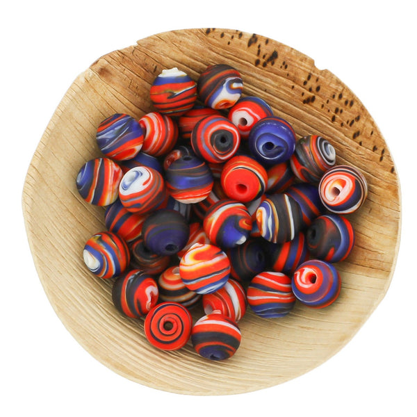 Round Glass Beads 12mm - Lampwork Red and Blue Swirl - 10 Beads - BD1550