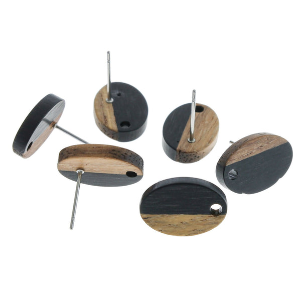 Wood Stainless Steel Earrings - Black Resin Oval Studs - 15mm x 10mm - 2 Pieces 1 Pair - ER310