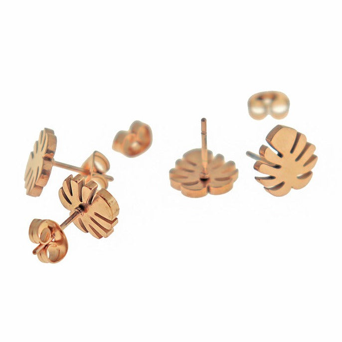 Rose Gold Stainless Steel Earrings - Tropical Leaf Studs - 8mm - 2 Pieces 1 Pair - ER509