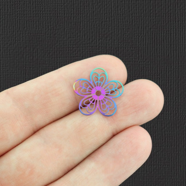 5 Filigree Flower Rainbow Electroplated Stainless Steel Charms 2 Sided - SSP247
