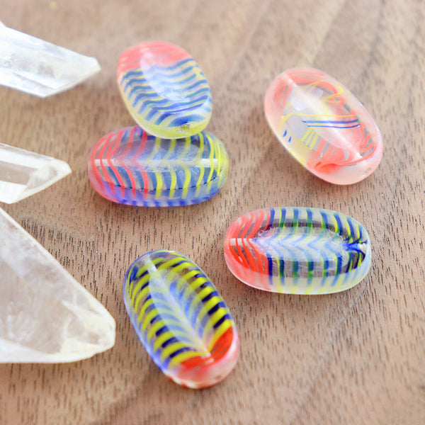 Oval Czech Table Cut Glass Beads 22mm - Polished Multi-Color Striped - 2 Beads - CB336