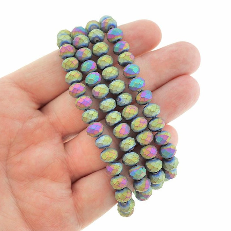 Faceted Glass Beads 8mm x 6mm - Frosted Rainbow Electroplated - 1 Strand 72 Beads - BD2405