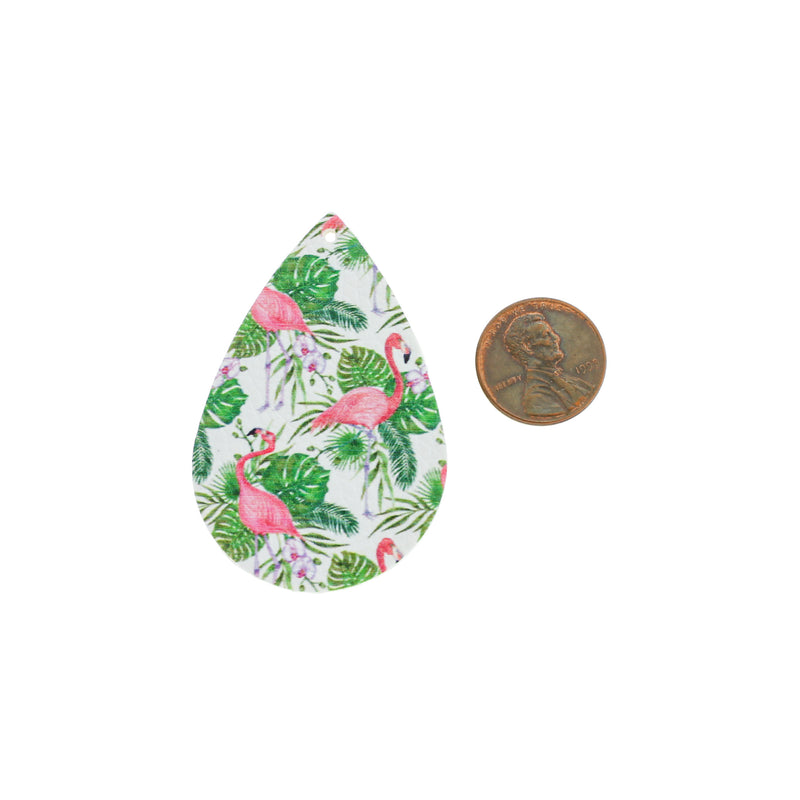 Imitation Leather Teardrop Pendants - Tropical Leaf Flamingo - 4 Pieces - LP174