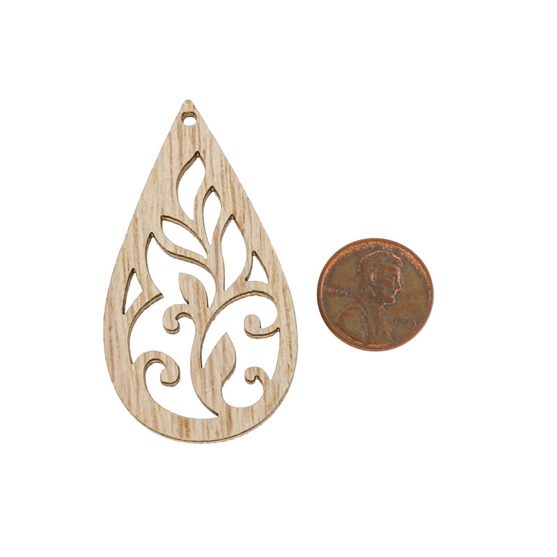 5 Floral Teardrop Natural Wood Charms - WP439
