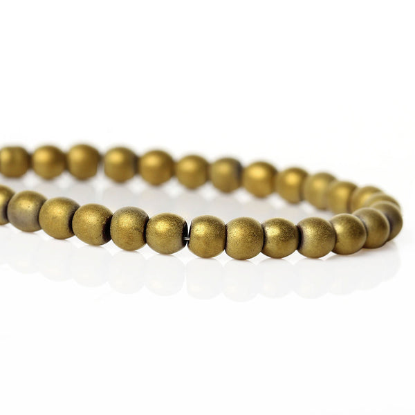 Round Natural Hematite Beads 4mm - Frosted Electroplated Gold - 1 Strand 110 Beads - BD627