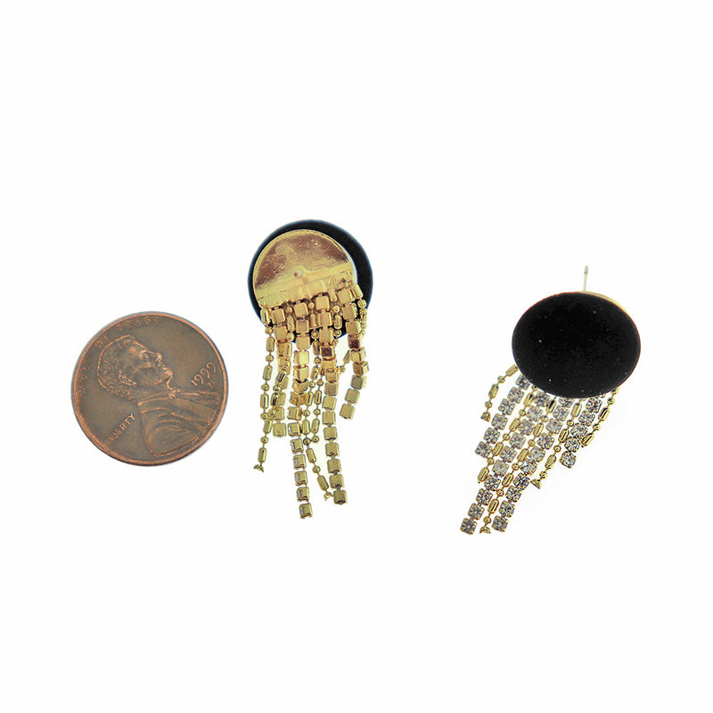 Gold Tone Earrings - Black Rhinestone Dangle Studs - 36mm x 14mm - 2 Pieces 1 Pair - ER533