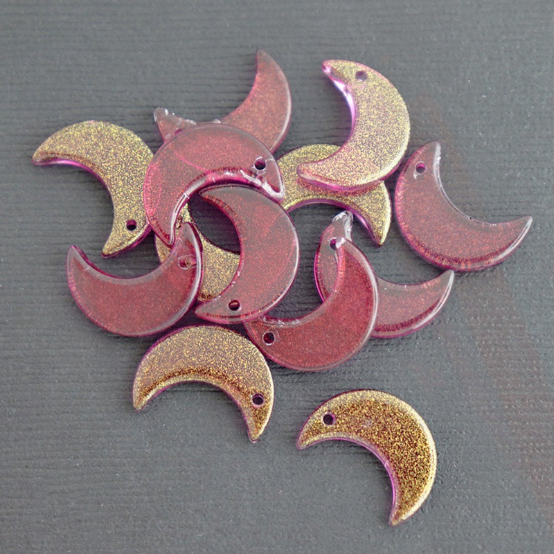10 Pink Glitter Crescent Moon Glass Charms - Z594