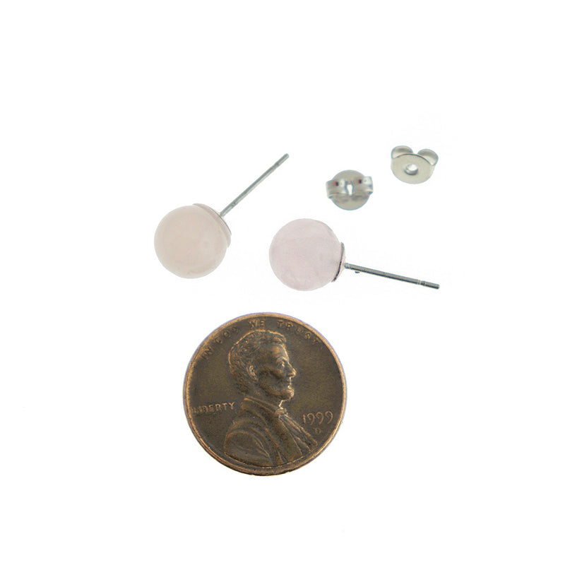 Silver Tone Brass Earrings - Natural Rose Quartz Gemstone Ball Studs - 8mm - 2 Pieces 1 Pair - ER572