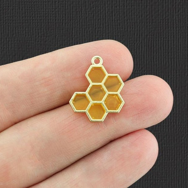 4 Honeycomb Gold Tone Enamel Charms 2 Sided - E1046
