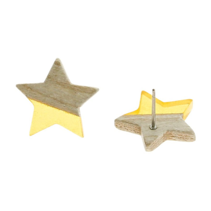 Boucles d'oreilles en bois en acier inoxydable - Clous d'étoiles en résine jaune pâle - 18 mm x 17 mm - 2 pièces 1 paire - ER139