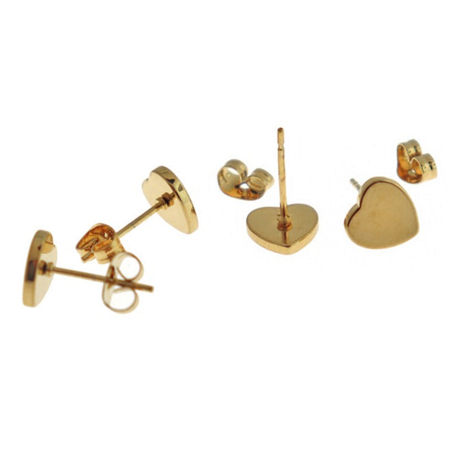 Gold Stainless Steel Earrings - Heart Studs - 8mm x 8mm - 2 Pieces 1 Pair - ER504
