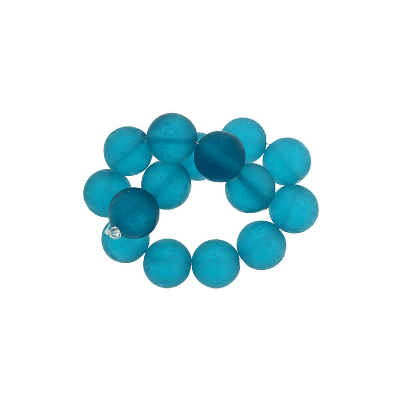 Round Cultured Sea Glass Beads 14mm - Frosted Teal - 1 Strand 15 Beads - U215
