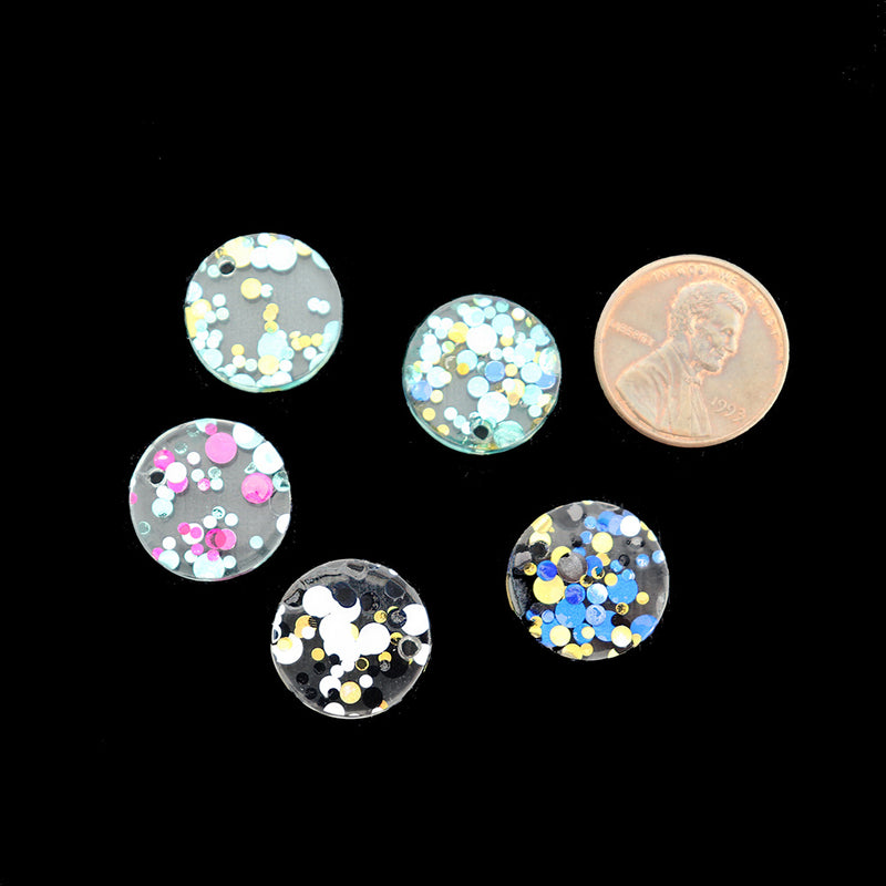 5 Round Confetti Glitter Acetate Resin Charms 2 Sided - K396