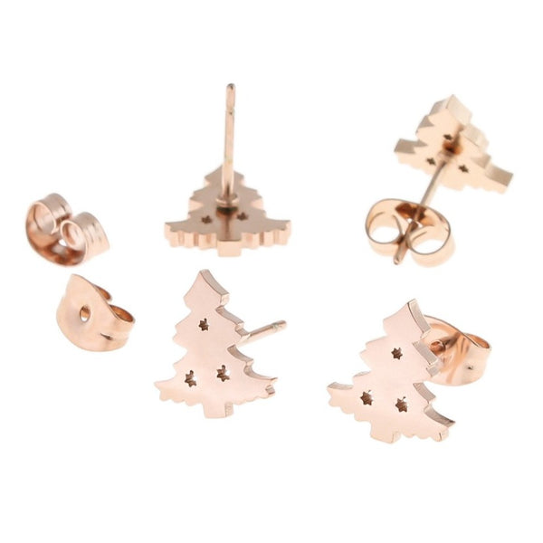 Boucles d'oreilles en acier inoxydable or rose - Clous d'arbre de Noël - 10 mm x 9 mm - 2 pièces 1 paire - ER353
